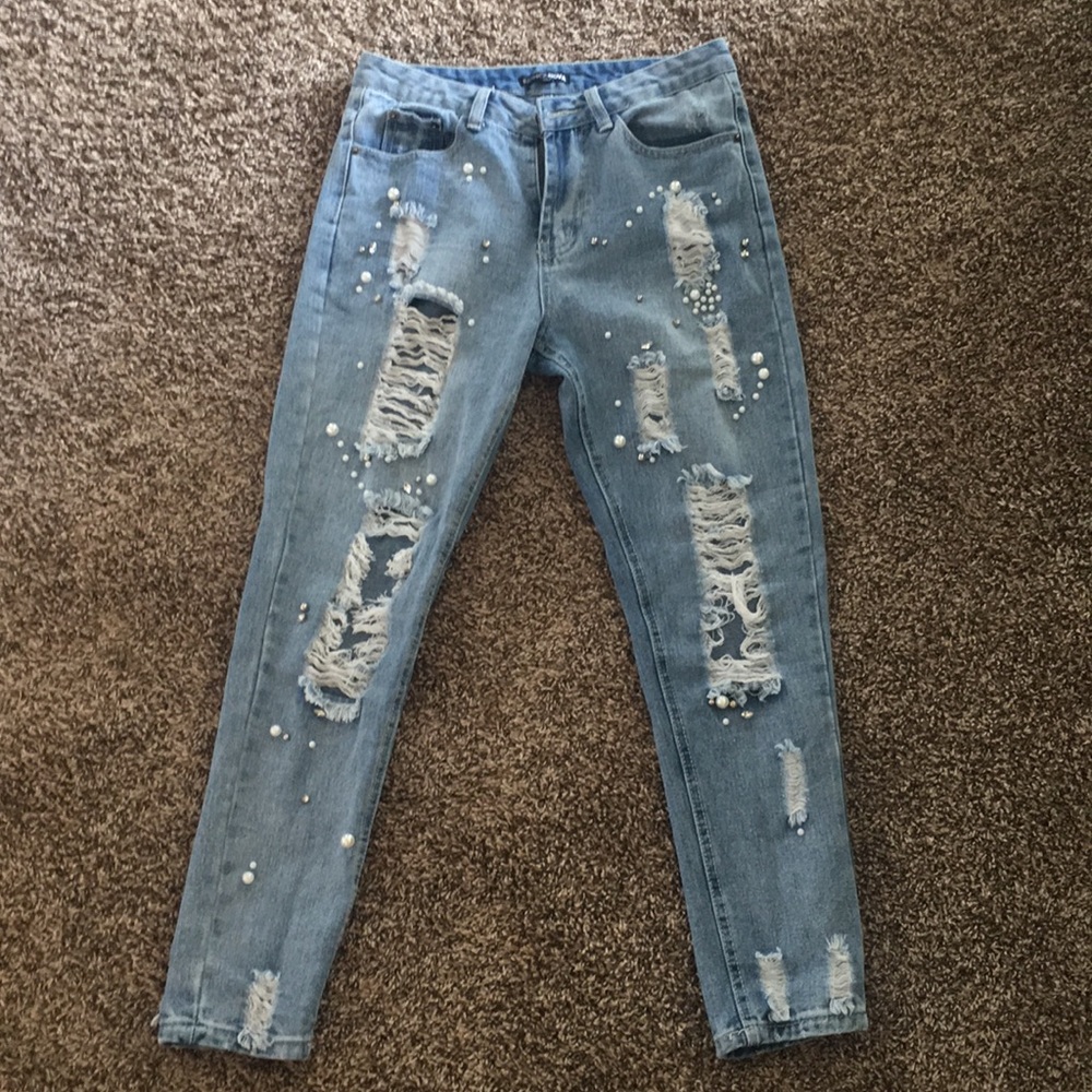 Fashion Nova Boyfriend Jeans with pearls and bling